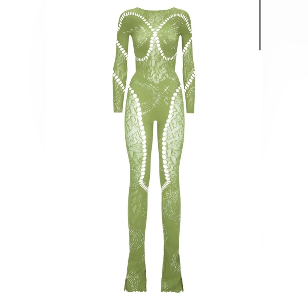 POSTER GIRL rhinestoned Kai jumpsuit in sativa green